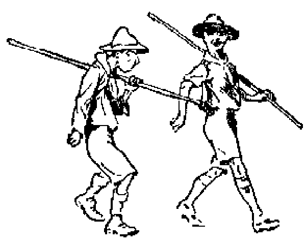 Dos scouts caminan con el bordón al hombro