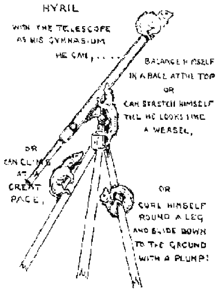 Hyrie trepa por el trípode y el tubo de un telescopio