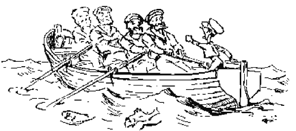Un guardiamarina joven manda un bote con marineros barbudos a los remos
