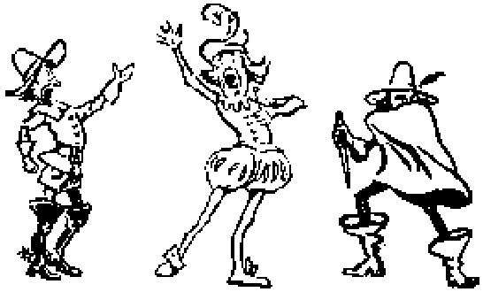 Tres actores con trajes de época gesticulan