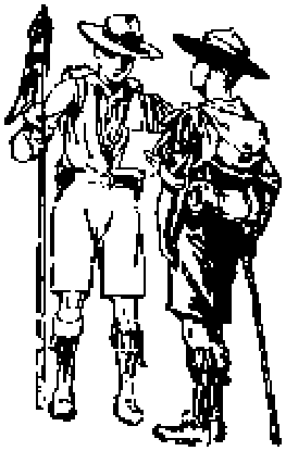 Dos scouts conversan; uno lleva un bastón con banderín y apoya la mano en el hombro del otro
