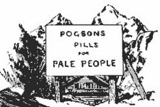 Un cartel publicitario de píldoras plantado en medio de un paisaje de montaña
