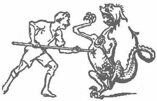 Un hombre se enfrenta con un bastón a un dragón